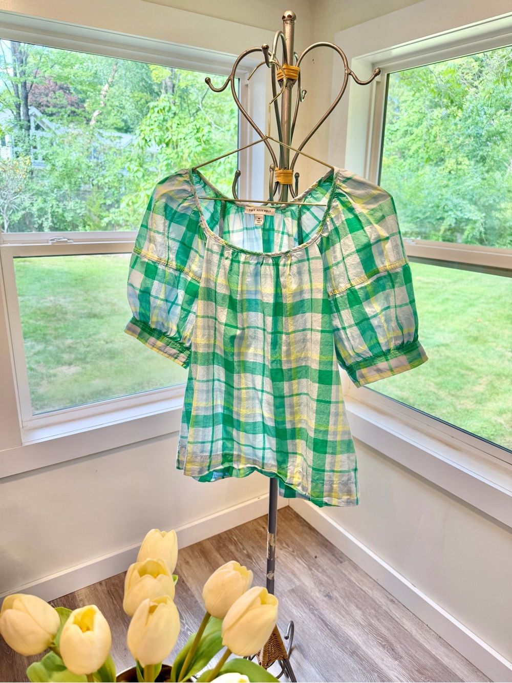 Green, blue & yellow Plaid Puff-Sleeve Women's Blouse